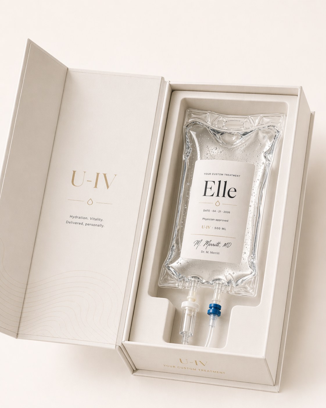 u-wellness personalized IV treatment kit in premium cream presentation box