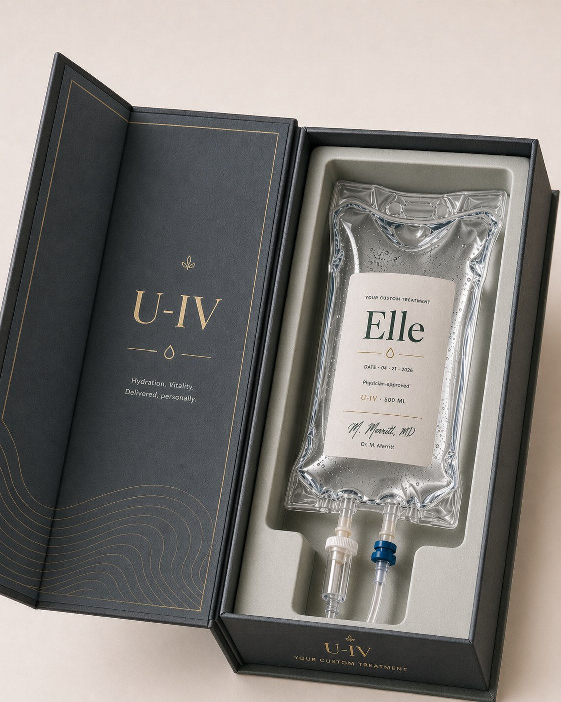 u-wellness personalized IV treatment kit in dark masculine premium packaging