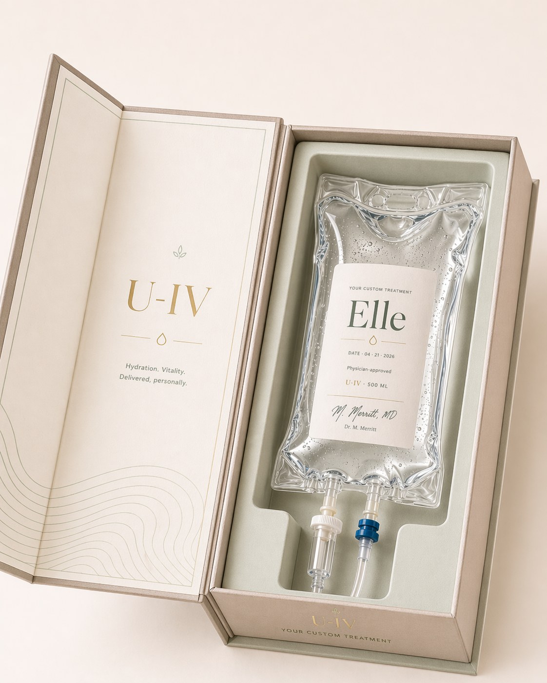u-wellness personalized IV treatment kit with signature sage and gold presentation