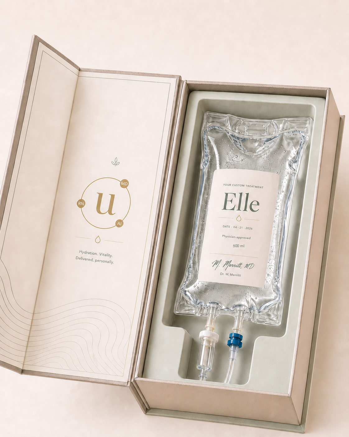 Personalized IV kit with the u-wellness orbit mark inside the presentation box